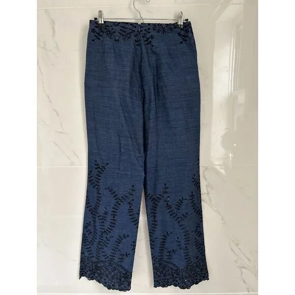 Yigal Azrouel Pants Lightweight Eyelet Trousers Blue Black Embroidery Size 6